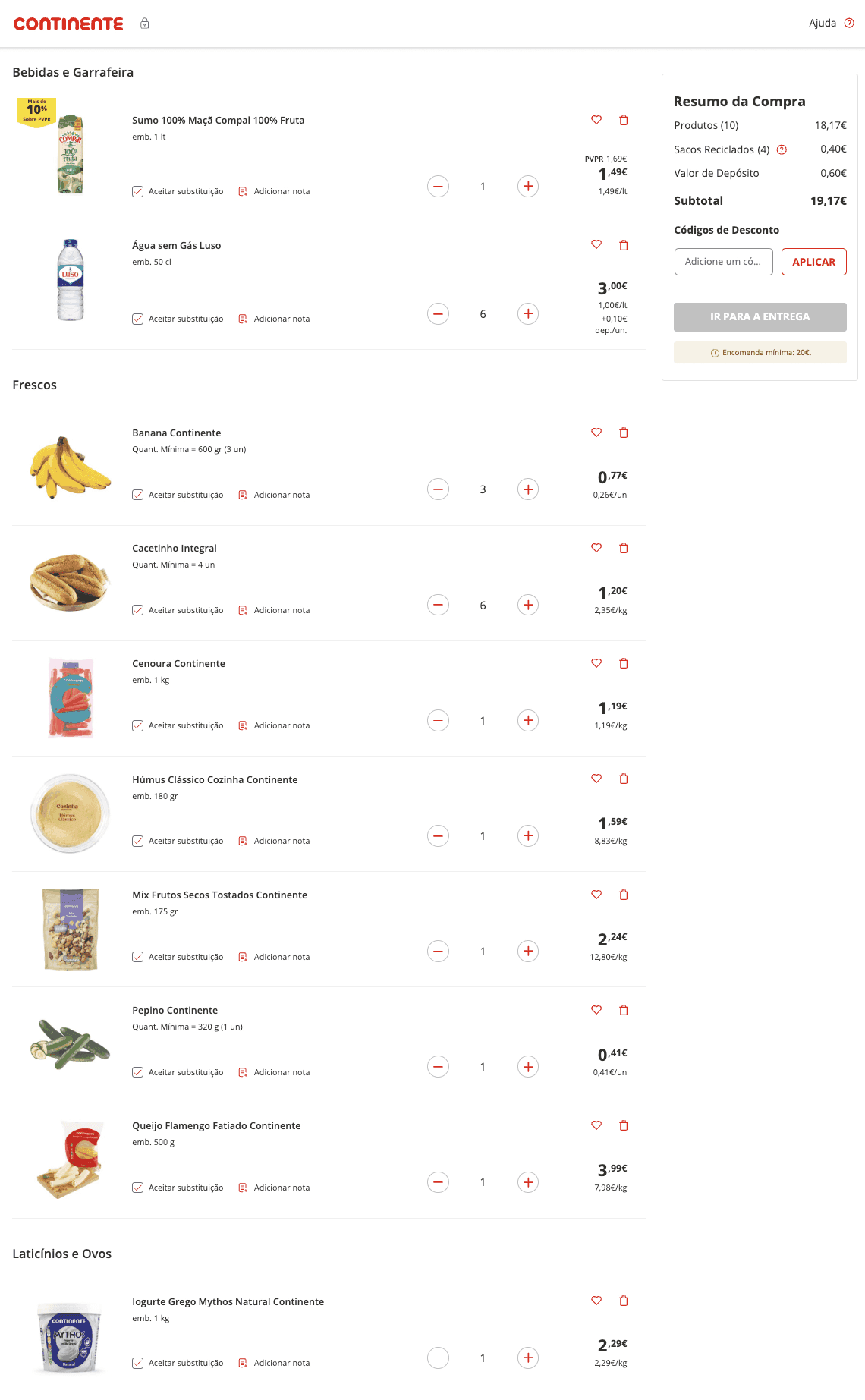 Os produtos da cesta dentro do carrinho do Continente Online
